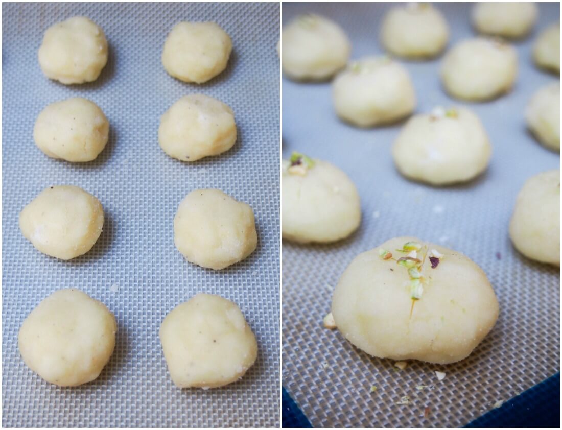 making Persian rice cookies - forming in balls and decorating with pistachio