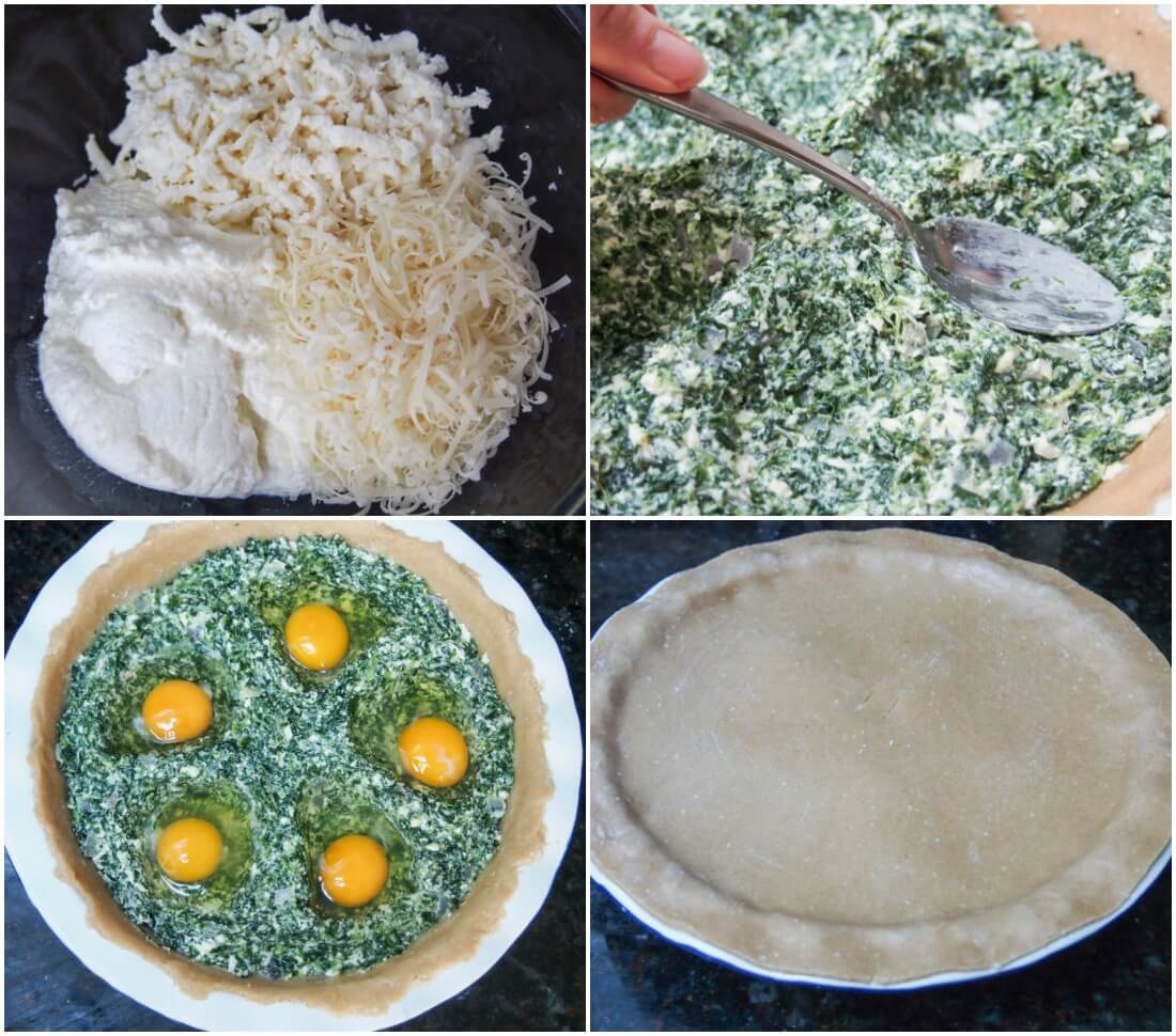 stages in making torta pascualina spinach ricotta pie - mixing cheeses, maing indent in filling, adding eggs then covering with pastry top