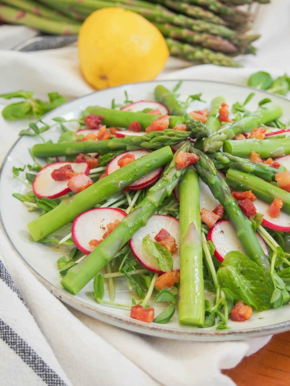 Asparagus salad with pea shoots and pancetta