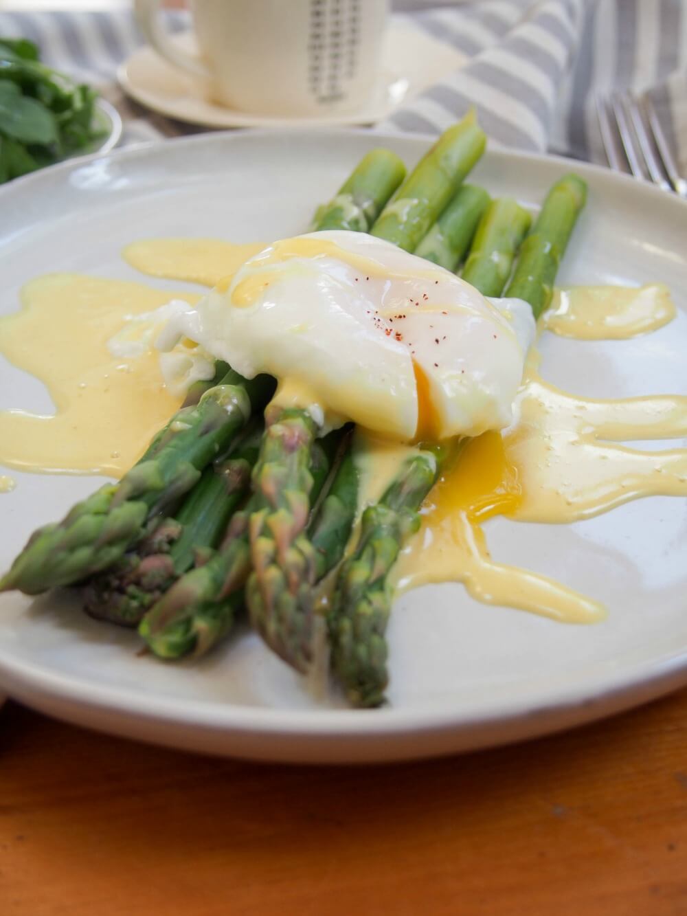 Asparagus with easy blender hollandaise sauce and poached egg front view