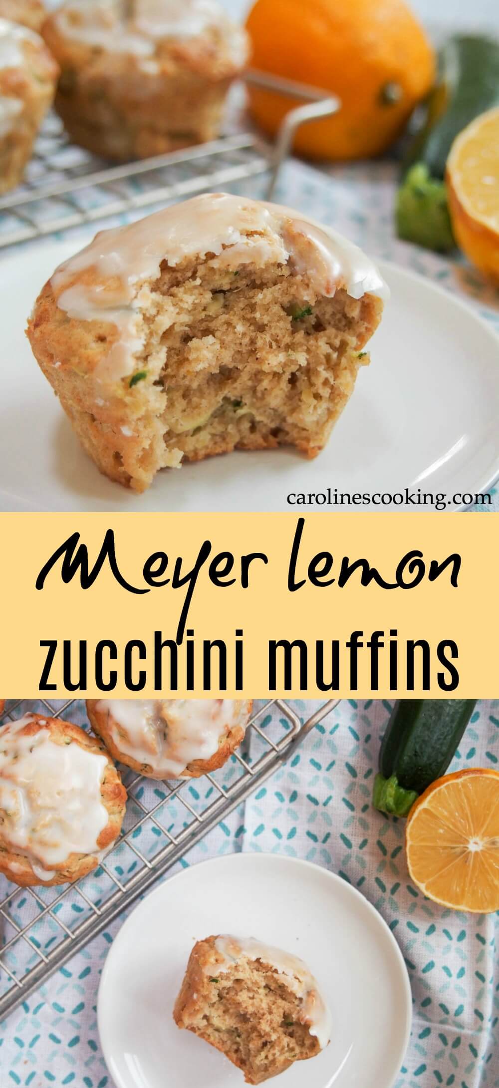 These Meyer lemon zucchini muffins are a bright citrusy taste of spring. Easy to make, relatively healthy and addictively good. You can also make them with lemon - either way enjoy the tender muffin and don't skip the citrus glaze! #meyerlemon #muffin #zucchini #springbaking #baking #healthybaking 