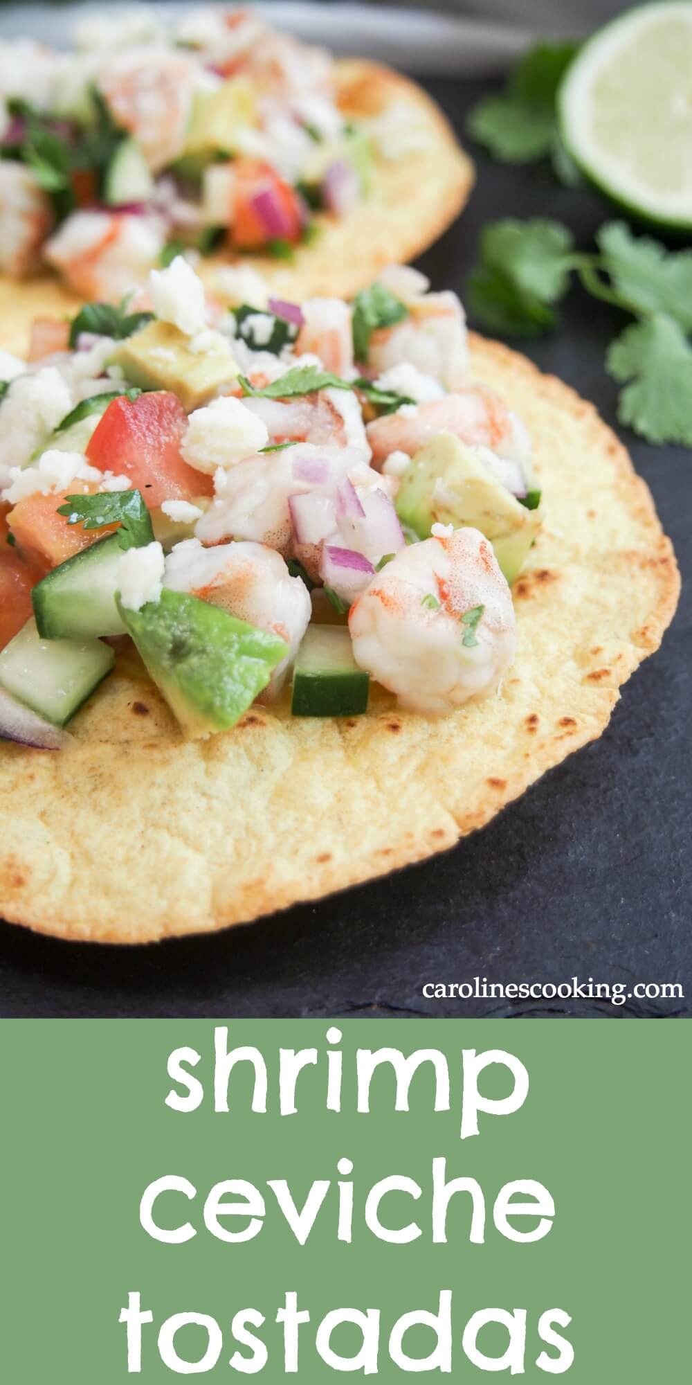 Shrimp ceviche tostadas may be a little messy to eat, but it's definitely worth it. Fresh, citrusy shrimp and salad vegetables over crunchy corn tortillas is a delicious, and easy, combination. It makes a great appetizer, snack or have a couple for lunch. #ceviche #shrimp #tostadas #mexicanfood #cincodemayo