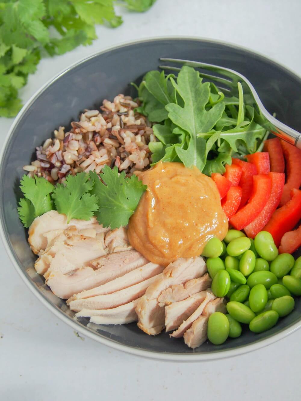 Thai-style leftover chicken Buddha bowl close up in bowl with sauce in middle