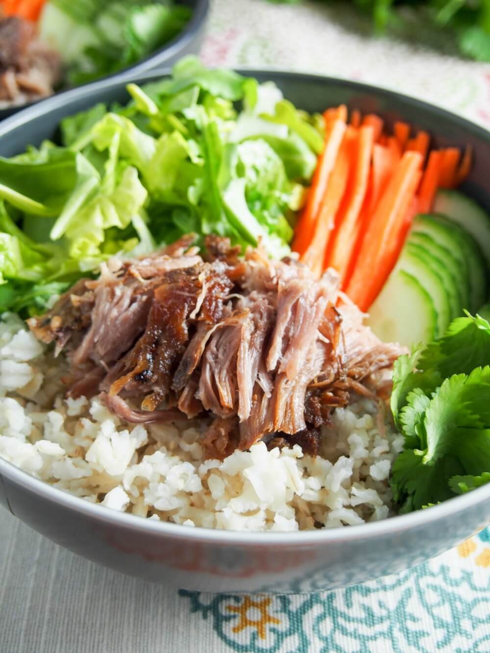 Vietnamese banh mi pork on top of rice with salad behind close up