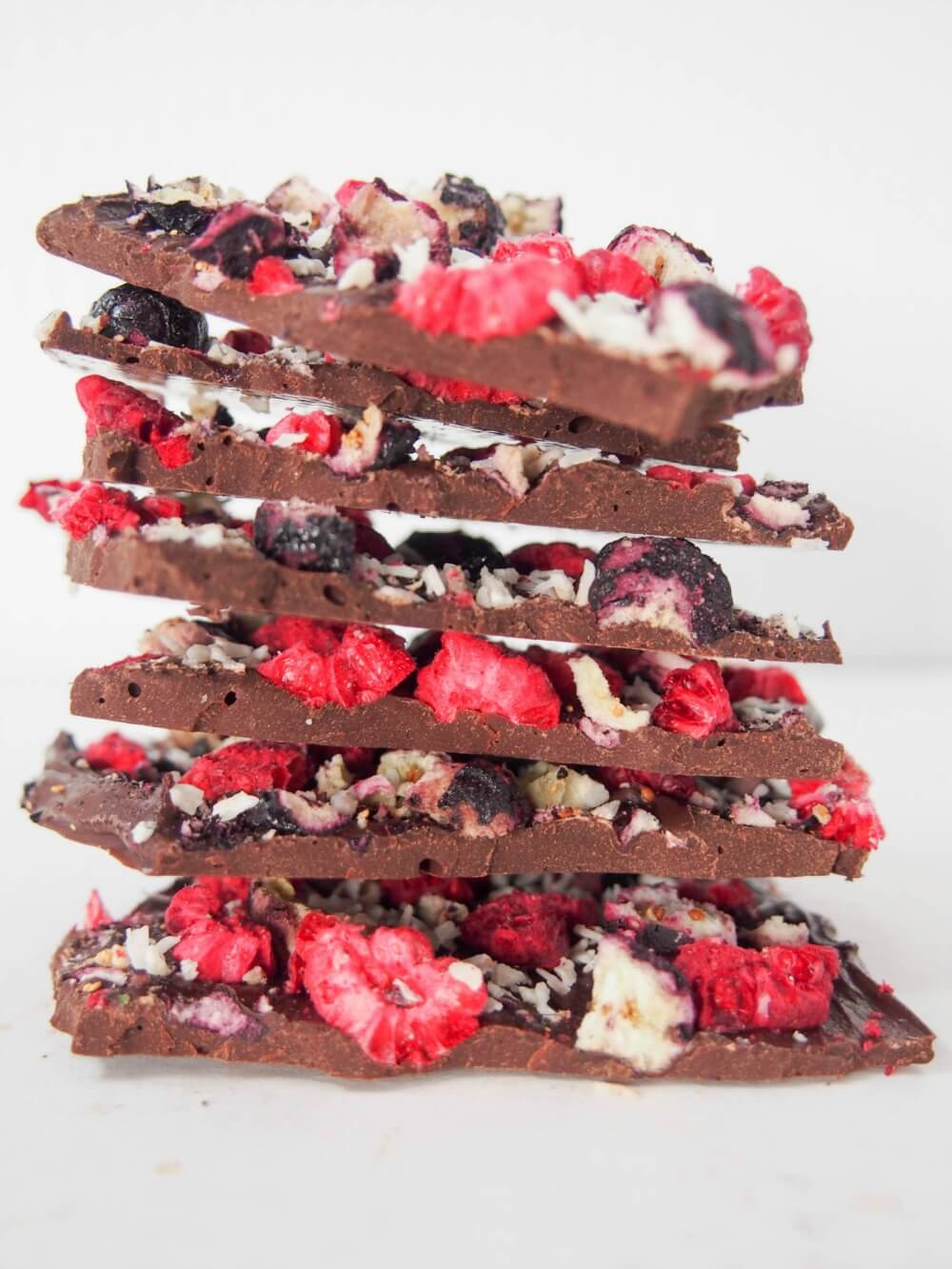 stack of blueberry raspberry chocolate bark pieces