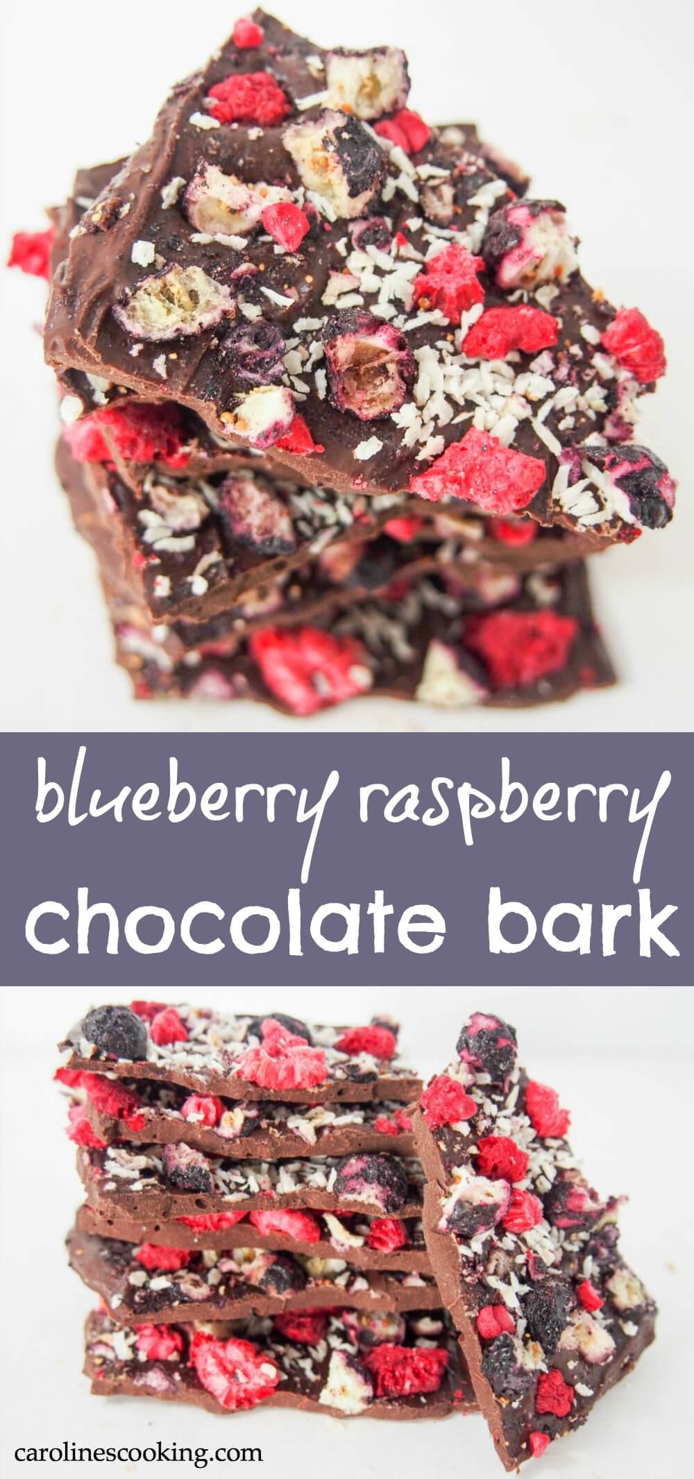 If you're looking for an easy treat, whether as a gift, for a party or to show you're patriotic colors, this blueberry raspberry chocolate bark is perfect. Five ingredients and a couple minutes is all you need! #ad #brunchweek #chocolate #chocolatebark #ediblegift #freezedriedfruit
