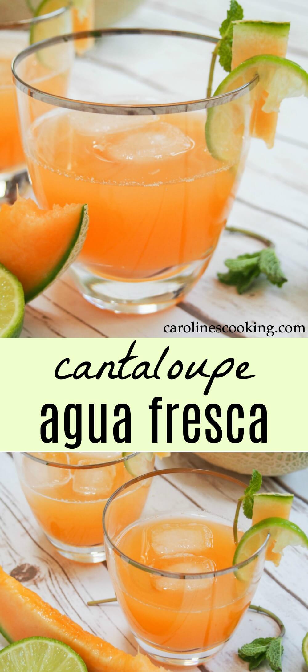 Cantaloupe agua fresca is easy to make and incredibly refreshing. Light and gently fruity, it's a family-friendly drink perfect for a warm day. All you need is cantaloupe, water and lime. It'll quench your thirst on a warm day and is a great, light option alongside a meal. #cantaloupe #drink #mexican #nonalcoholic