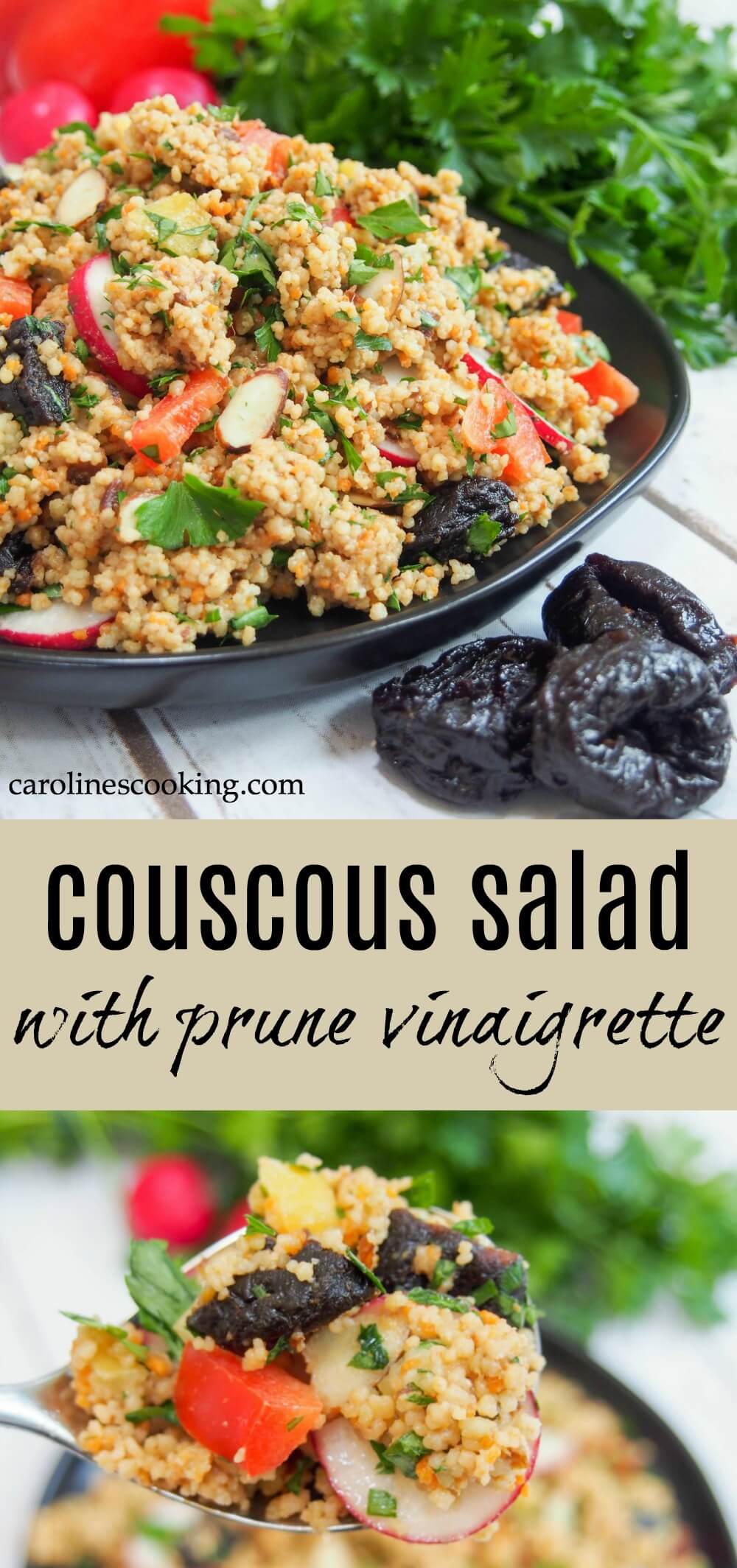 Forget the dry, boring couscous you might have tried before. This couscous salad is packed with crunchy vegetables, a creamy California prune vinaigrette, and is vegan too. Easy to make and great as a side, lunch or take it on a picnic. AD #couscous #couscoussalad #vegan #prunes 