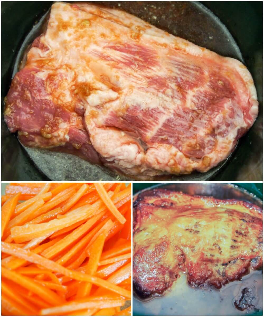 stages making Vietnamese banh mi pork - in slow cooker before and after cooking plus making quick pickled carrots