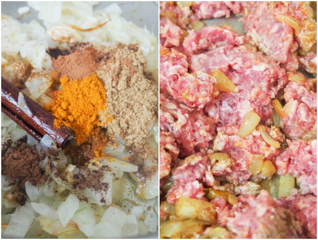 adding spices to onions and then ground meat to keema curry keema matar