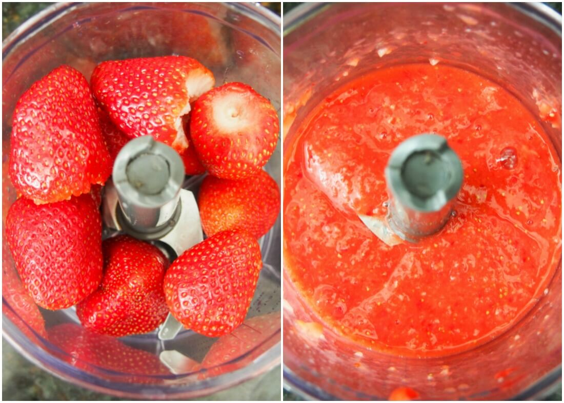 strawberries in food processor before and after blending