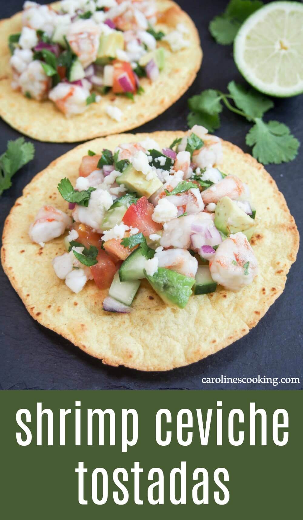 Shrimp ceviche tostadas may be a little messy to eat, but it's definitely worth it. Fresh, citrusy shrimp and salad vegetables over crunchy corn tortillas is a delicious, and easy, combination. It makes a great appetizer, snack or have a couple for lunch.