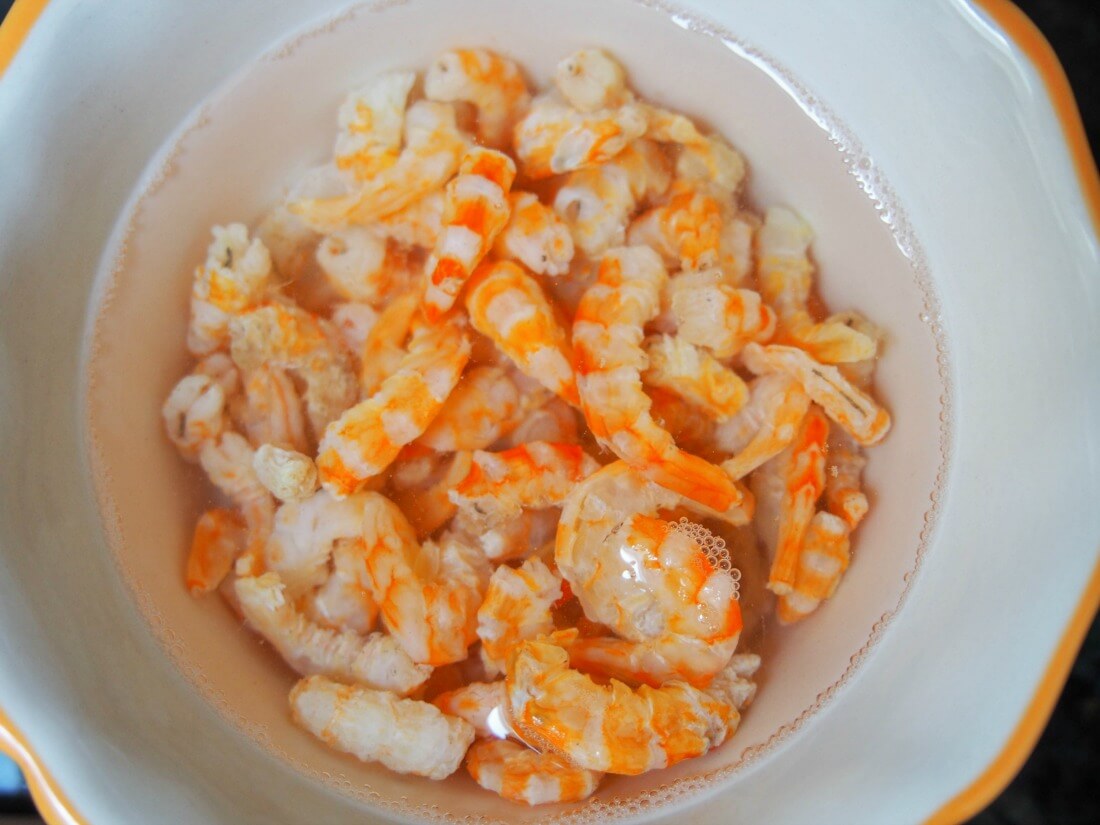 rehydrating dried shrimp for Cambodian green mango salad rehydrating dried shrimp