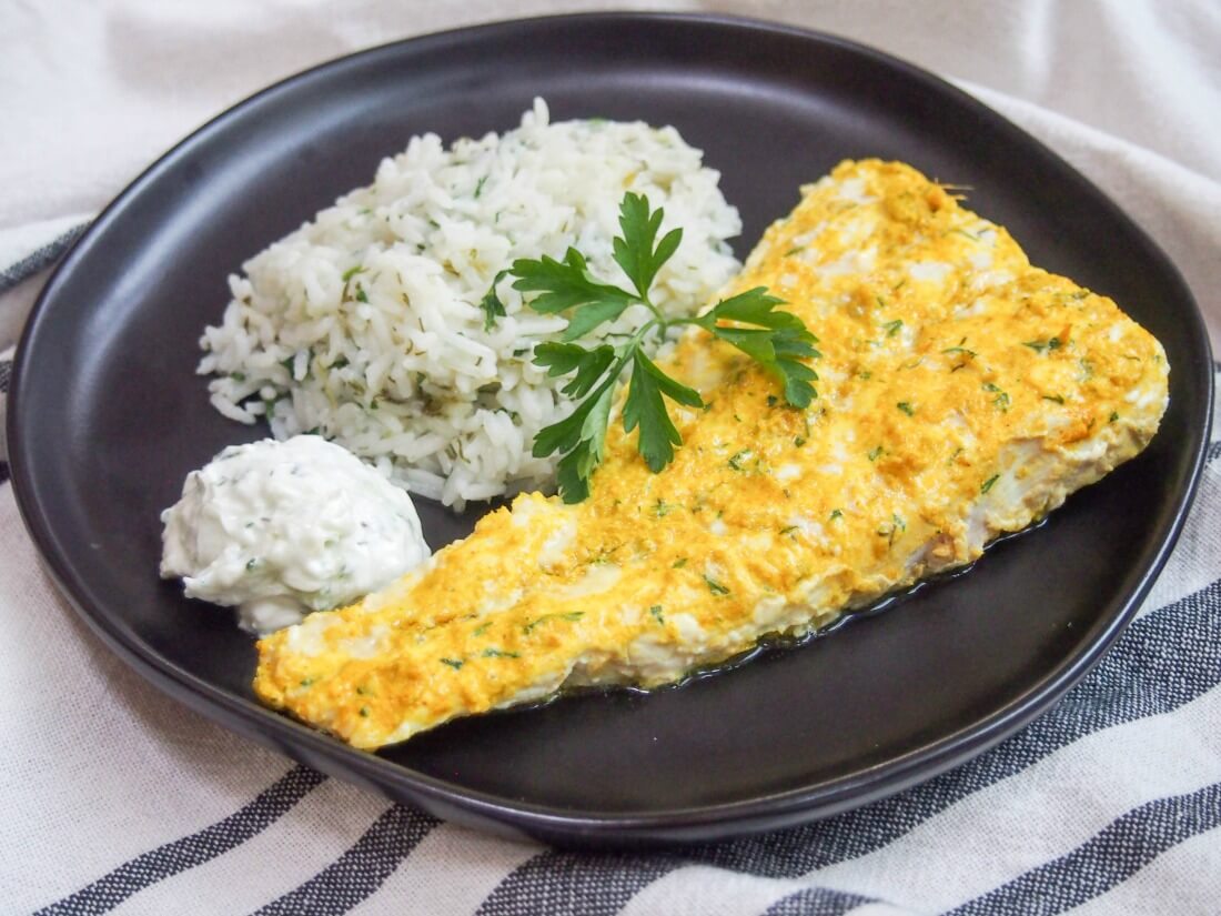 Persian style marinated fish with cacik and herb rice