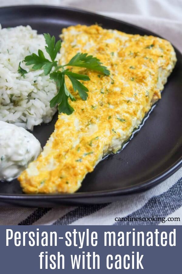 This Persian-style marinated fish is delicately, and deliciously flavored with a lightly spiced lime and yogurt marinade. It's easy to make and a wonderful change from plain old fish. This Persian-style marinated fish is delicately, and deliciously flavored with a lightly spiced lime and yogurt marinade. It's easy to make and a wonderful change from plain old fish. AD #fish #marinatedfish #persianfood