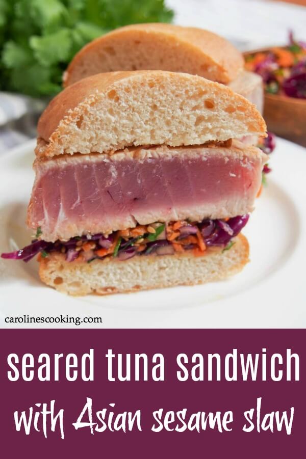 This seared tuna sandwich is easy to make and with bright, light, Asian-inspired flavors from a punchy wasabi mayo and sesame slaw. Great for a light meal or lunch. #searedtuna #tunasandwich #asianslaw