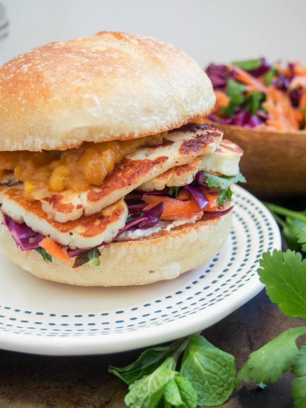 halloumi burger viewed from side