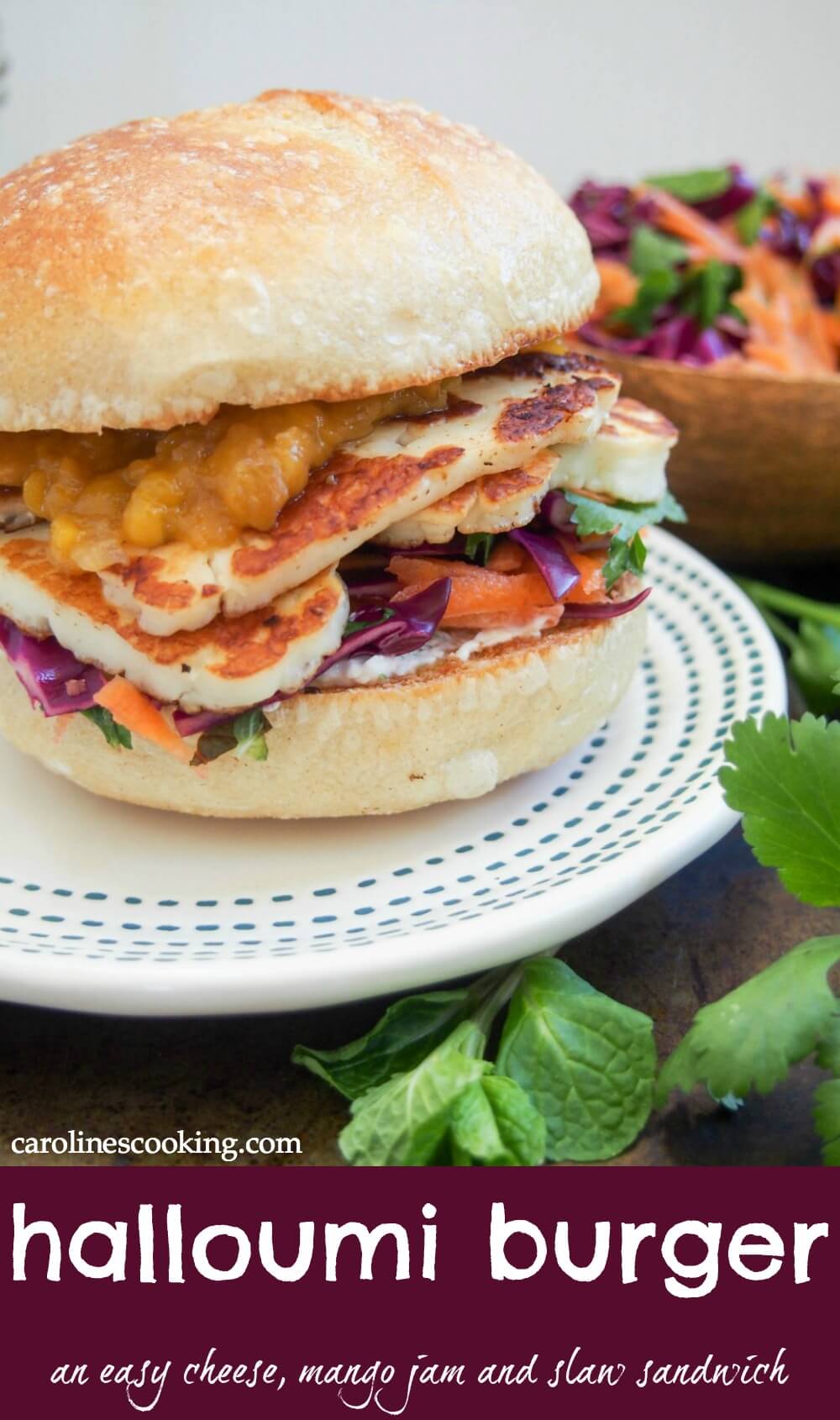 This halloumi burger is easy to made and with a delicious sweet-salty combination of flavors from the cheese, mango jam and simple herby slaw. It makes a great lunch, light meal and a tasty vegetarian option. #halloumi #cheese #mango #vegetarian