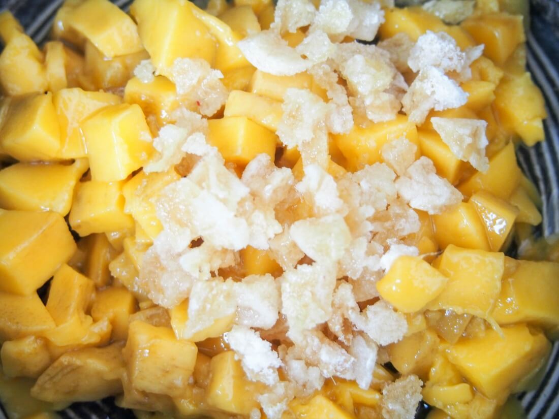 diced mango and ginger to make sauce/jam