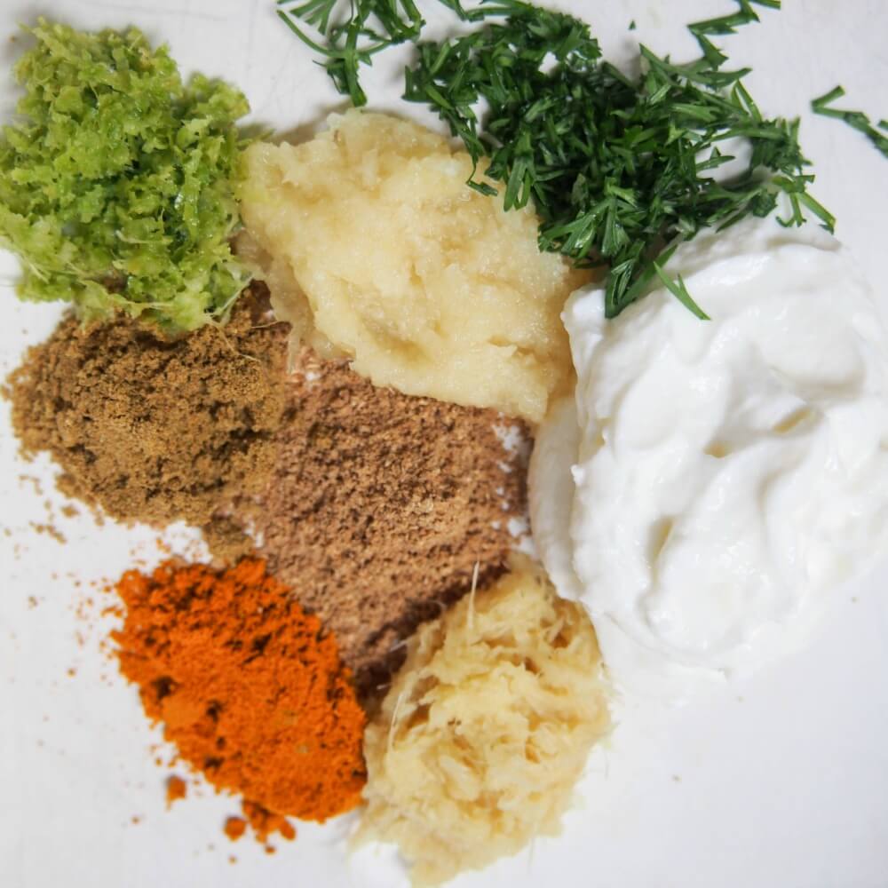 marinade ingredients for Persian style marinated fish with cacik
