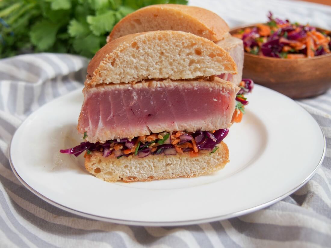 seared tuna sandwich with Asian sesame slaw