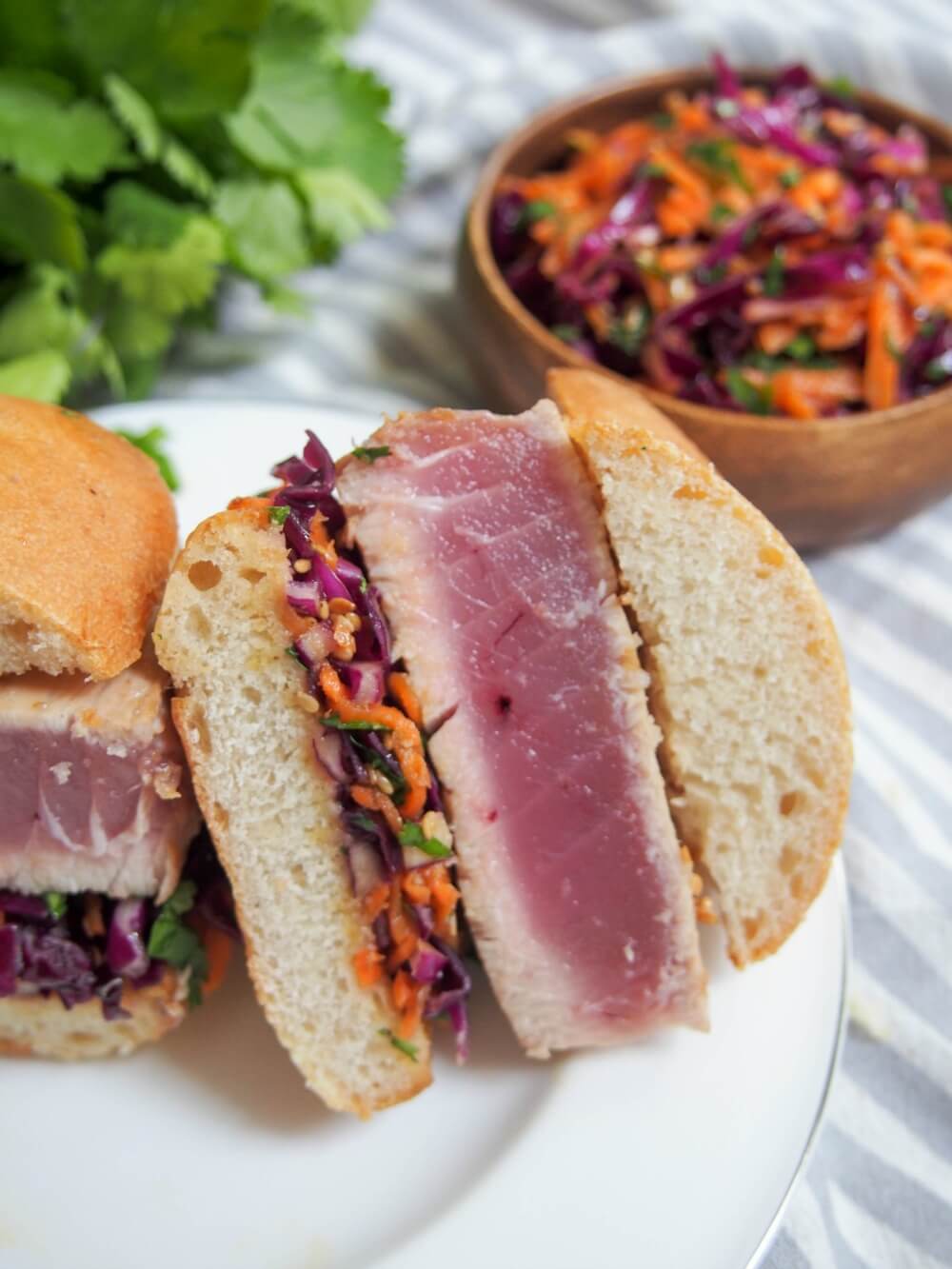 seared tuna sandwich with Asian sesame slaw