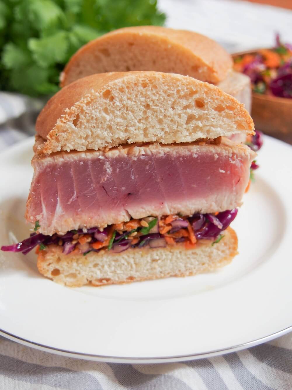 seared tuna sandwich with Asian sesame slaw