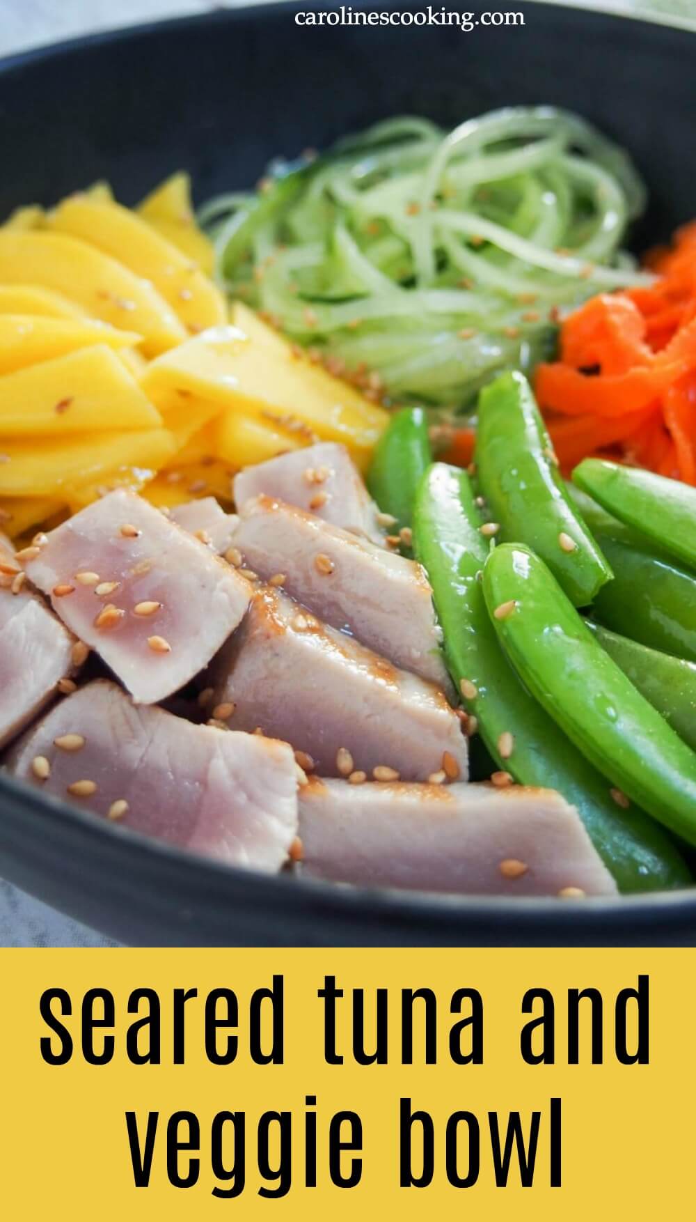 Packed with simple, fresh ingredients, this seared tuna and veggie bowl is a great way to eat healthily without skimping on flavor. With minimal cooking and prep, it's easy to make too. #tuna #healthyeating