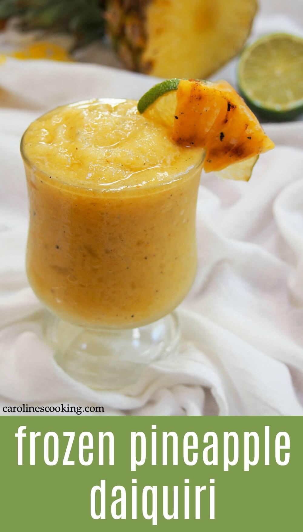 This frozen pineapple daiquiri is incredibly easy to make and just the kind of refreshing cocktail you need on a warm day. Taste a sip of paradise! #cocktail #daiquiri #pineapple #frozencocktail #summercocktail