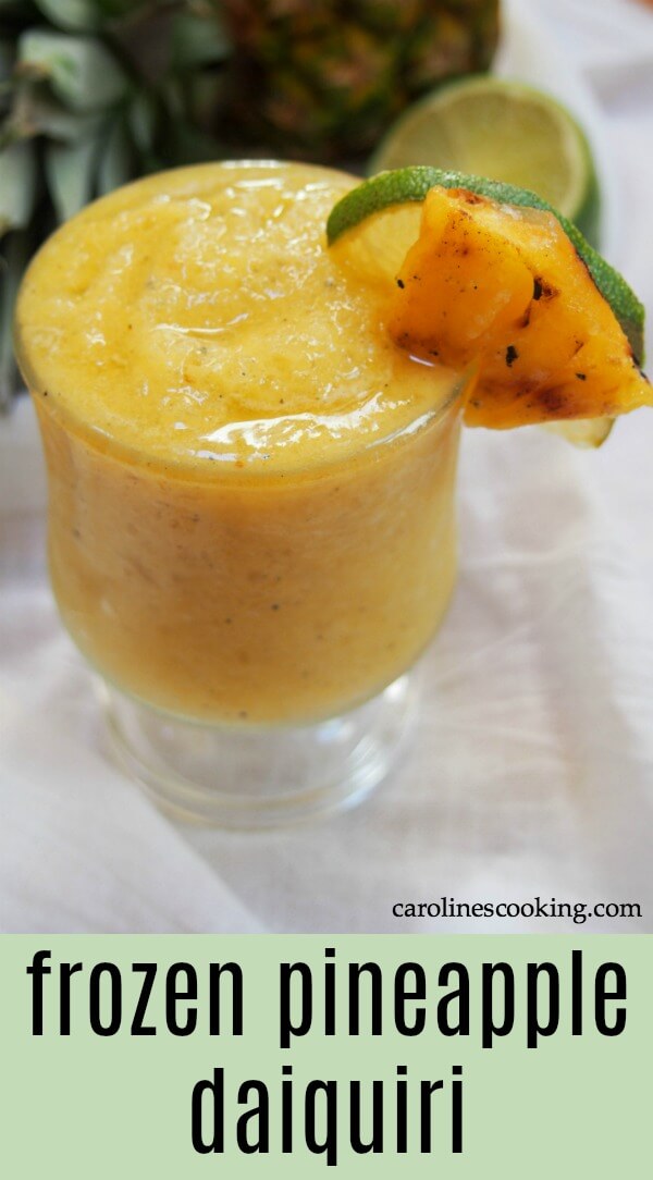 This frozen pineapple daiquiri is incredibly easy to make and just the kind of refreshing cocktail you need on a warm day. Taste a sip of paradise! #cocktail #daiquiri #pineapple #frozencocktail #summercocktail