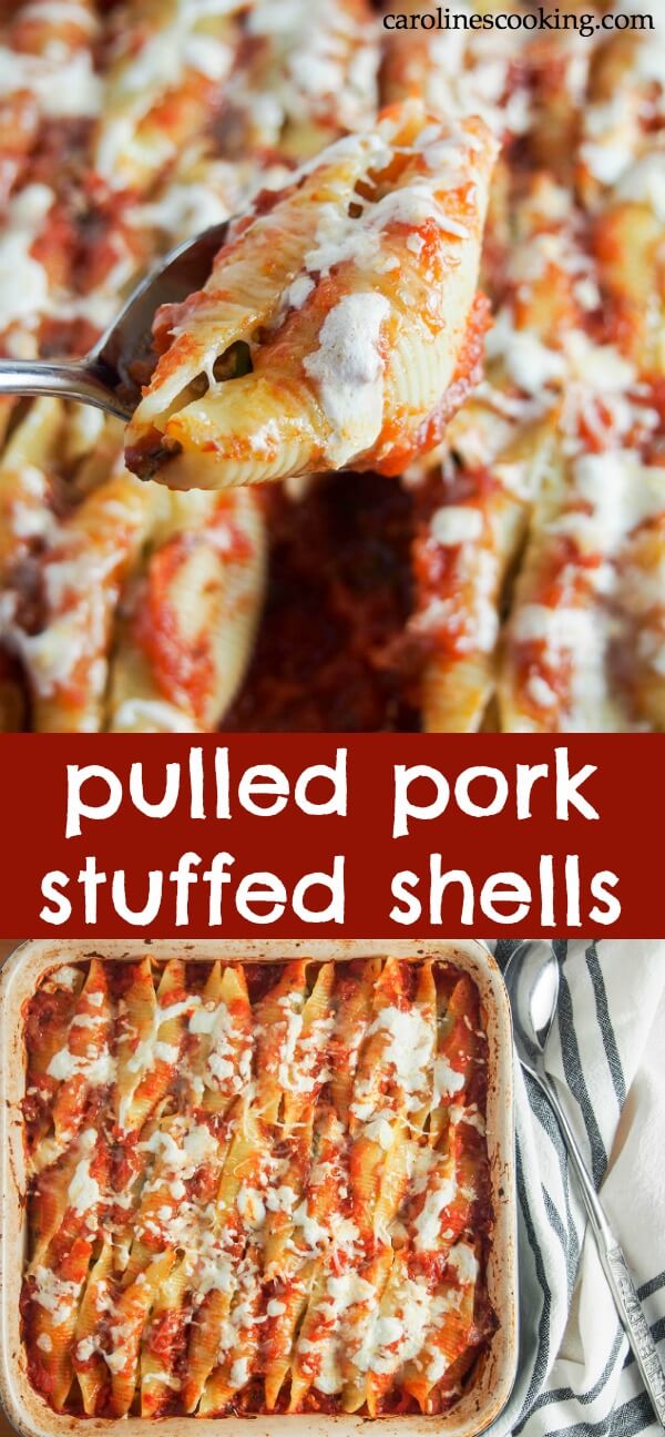 Give leftover pulled pork a new lease of life in another wonderfully comforting dish. These pulled pork stuffed shells are a delicious combination of flavorful pork, cheesy goodness, all nestled in tomato sauce. So good! #stuffedshells #pasta #pulledpork #leftovers #comfortfood