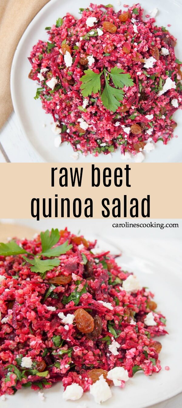 Whether you're looking for a lunch box idea, a potluck dish or a light meal, this raw beet quinoa salad is a great choice. It's bright, light, easy and delicious. Not to mention versatile too. #salad #beet #potlucksalad #lunch #vegetarian #glutenfree