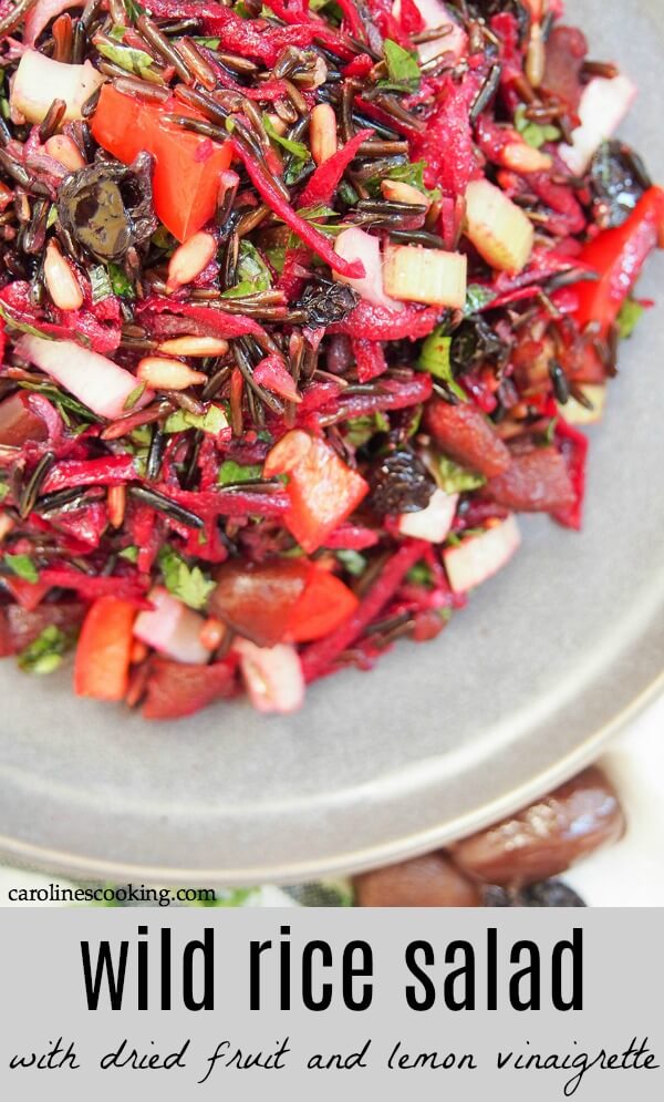 This wild rice salad is a wonderful combination of textures and flavors. A little tart from the vinaigrette, sweet from the dried fruit, with crunchy veg and tender fruit. And a whole lot of wholesome tastiness. It's also a great salad to make ahead and take with you to a picnic, potluck or as a lunch as the ingredients are robust enough and don't wilt. Easy to make with the only cooking being the rice - so many reasons to try! This wild rice salad is a wonderful combination of textures and flavors. A little tart from the vinaigrette, sweet from the dried fruit, with crunchy veg and tender fruit. And a whole lot of wholesome tastiness. It's also a great salad to make ahead and take with you to a picnic, potluck or as a lunch as the ingredients are robust enough and don't wilt. Easy to make with the only cooking being the rice - so many reasons to try!