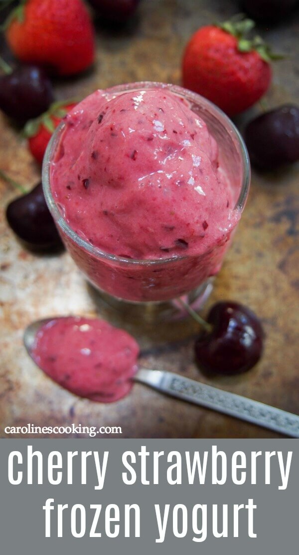 This cherry strawberry frozen yogurt could hardly be easier to make, and the result is creamy, fruity and delicious. #cherry #strawberry #frozenyogurt #nochurn #frozentreat