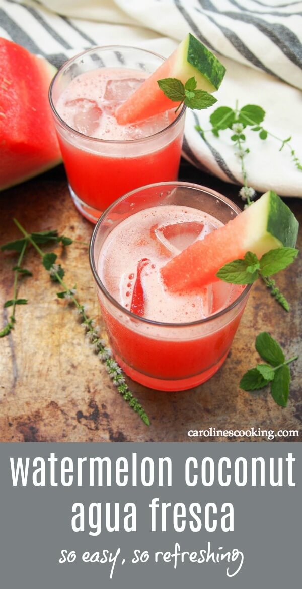 If you need some relief from the heat, this watermelon coconut agua fresca is just the thing. Incredibly easy to make, no added sugar and wonderfully refreshing, you'll be sipping it whenever you can. #watermelon #coconutwater #drink #nonalcoholic #refinedsugarfree 