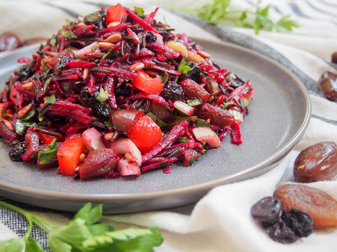 This wild rice salad is a wonderful combination of textures and flavors. A little tart from the vinaigrette, sweet from the dried fruit, with crunchy veg and tender fruit. And a whole lot of wholesome tastiness. wild rice salad