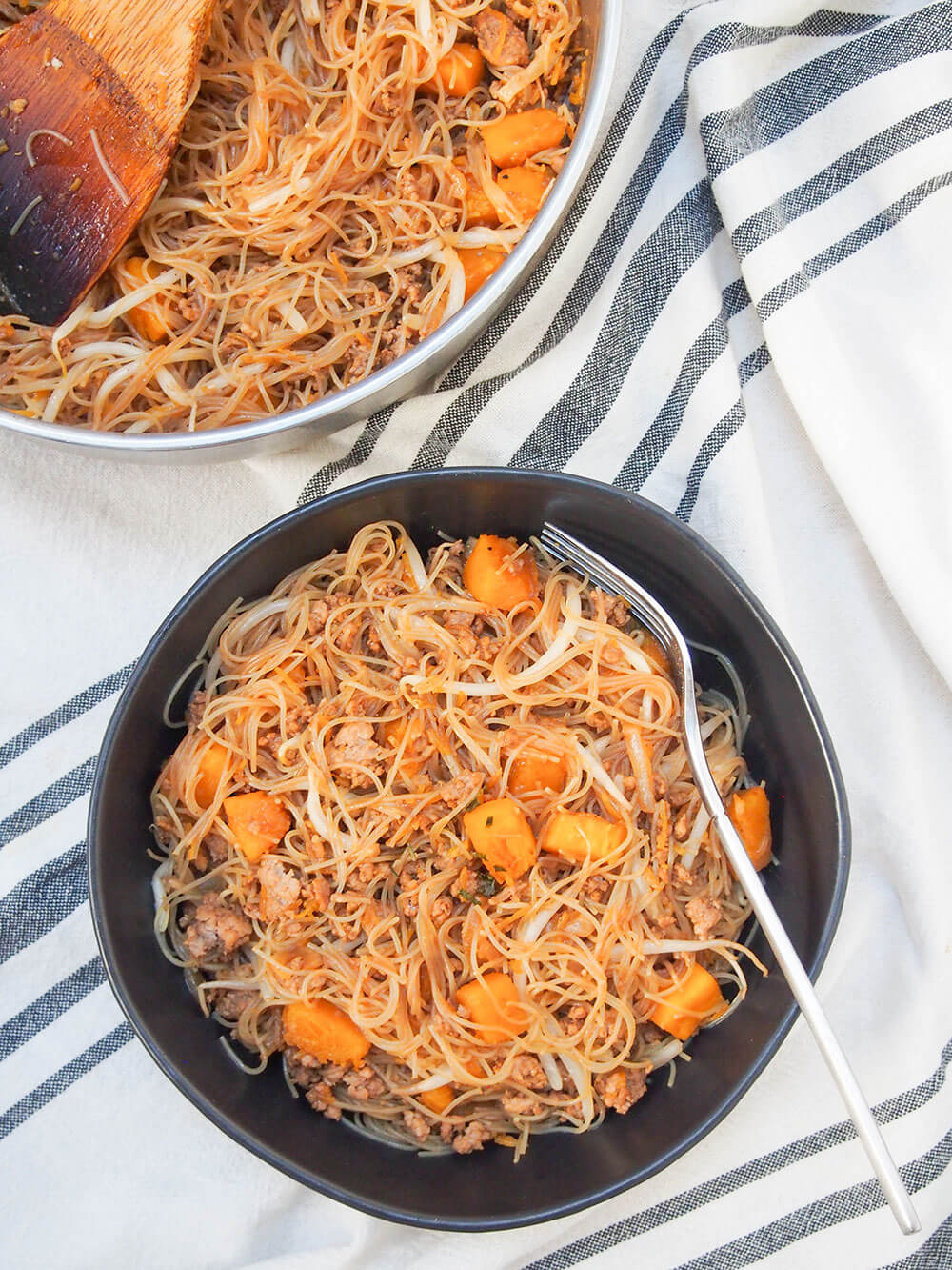Taiwanese pumpkin rice noodles in bowl and pan from above