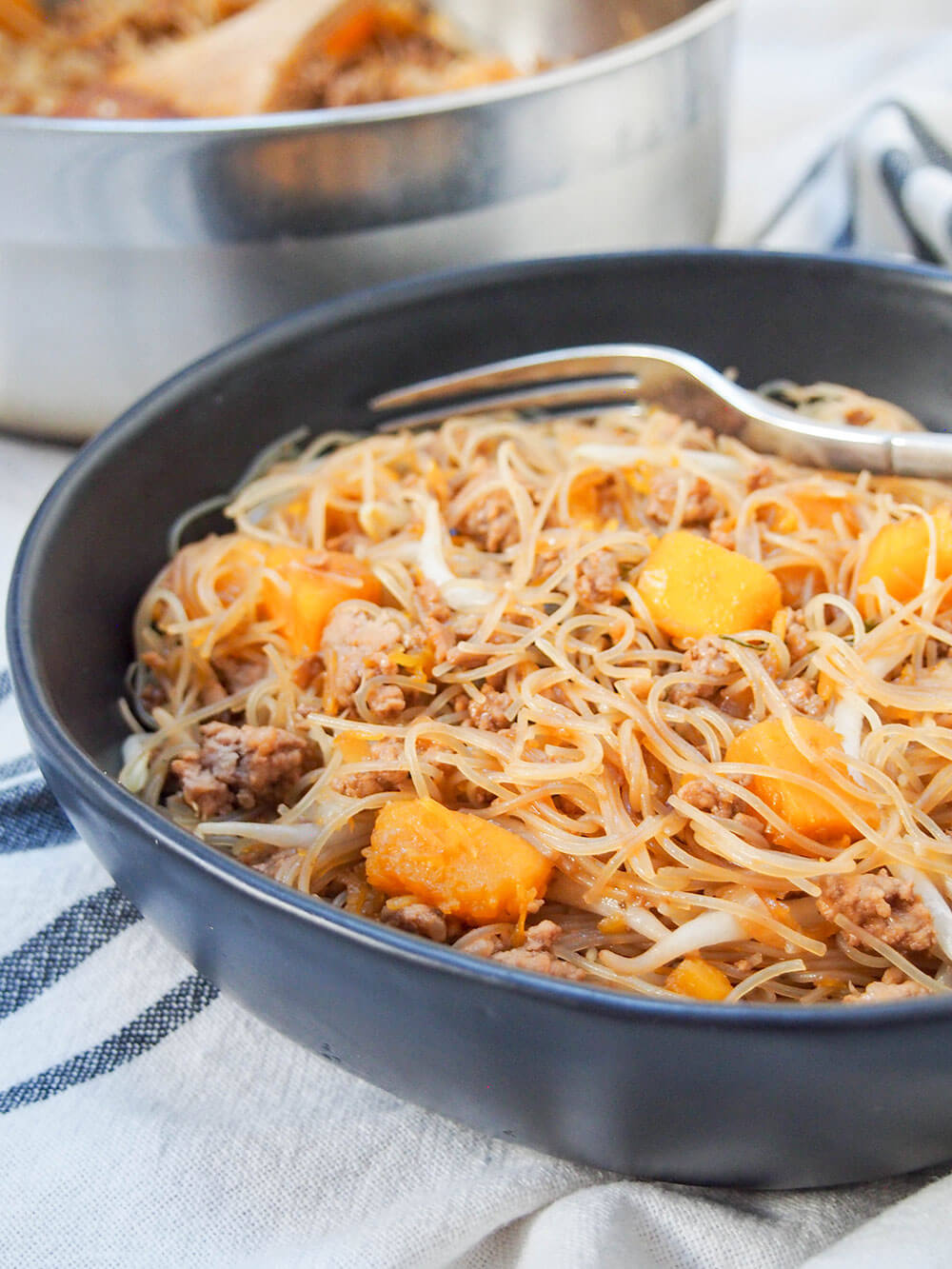 side view of bowl of Taiwanese pumpkin rice noodles