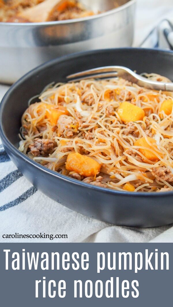 These Taiwanese pumpkin rice noodles are a fast and flavorful one pan meal. With a tasty combination of ingredients, it's a meal perfect for any night of the week. #onepotmeal #taiwanesefood #ricenoodles #porknoodles