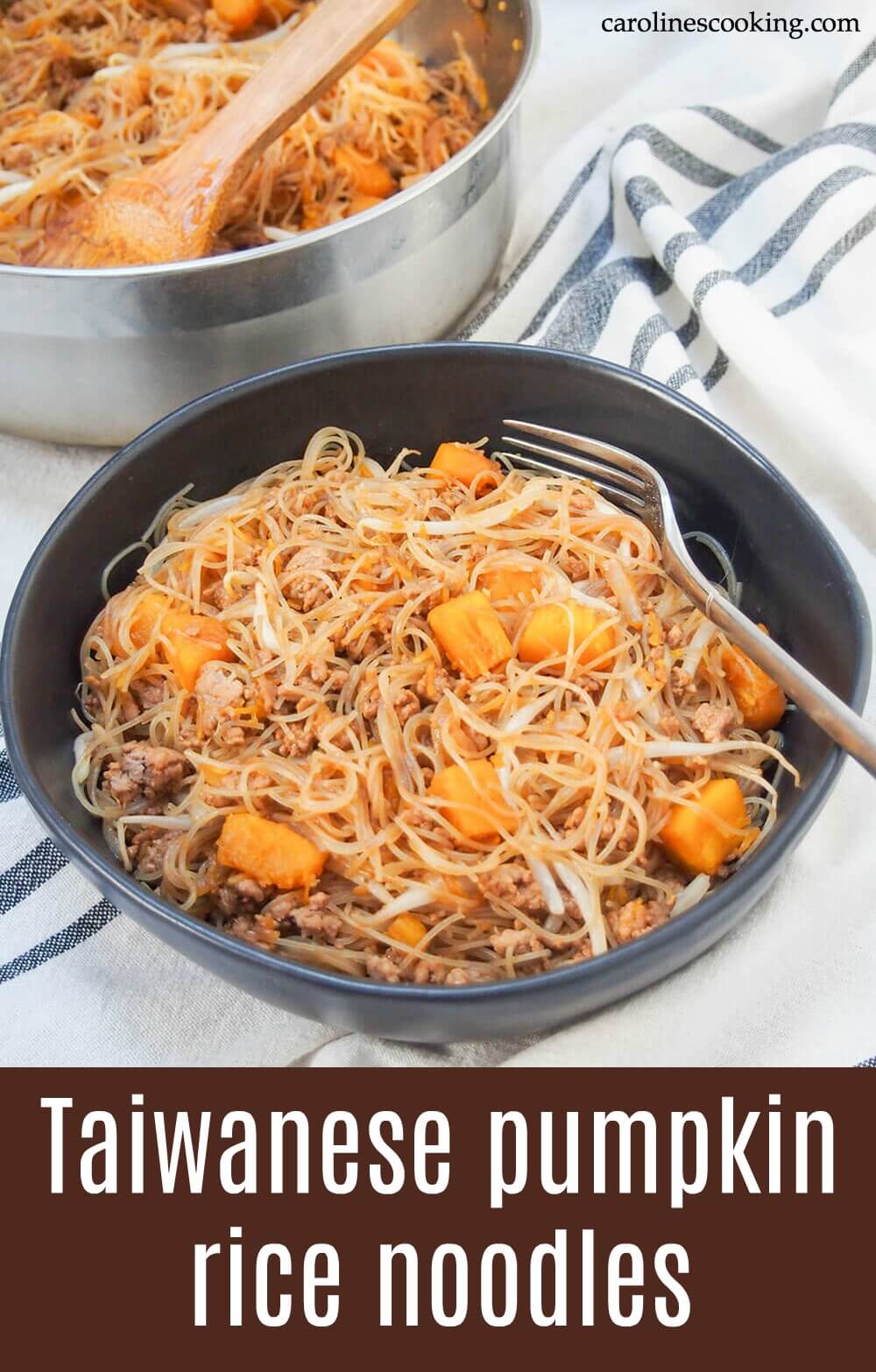These Taiwanese pumpkin rice noodles are a fast and flavorful one pot meal. With a tasty combination of ingredients, including pork, pumpkin and Asian seasonings, it's a meal perfect for any night of the week. #onepotmeal #taiwanesefood #ricenoodles #porknoodles