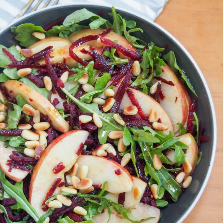 overhead view of bowl of beet apple salad