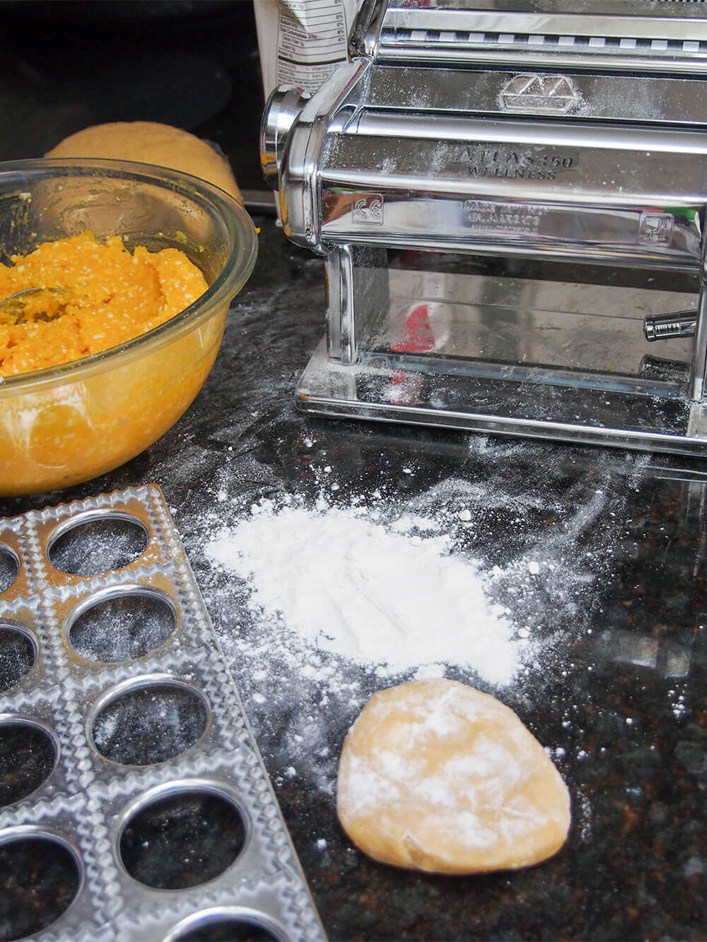 pasta dough, mould, pasta machine and filling ready to use