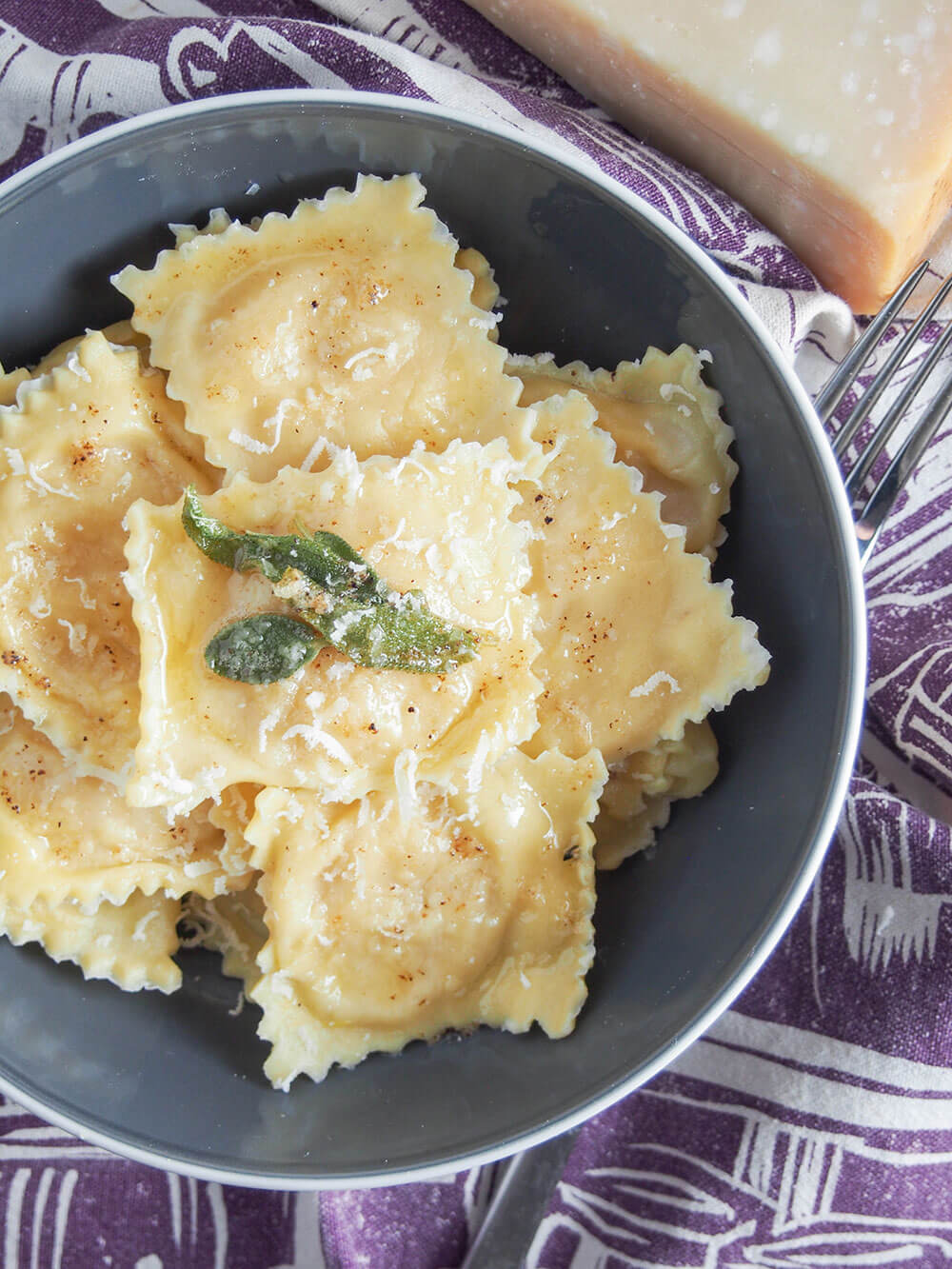 bowl of pumpkin ravioli tortelli di zucca from overhead