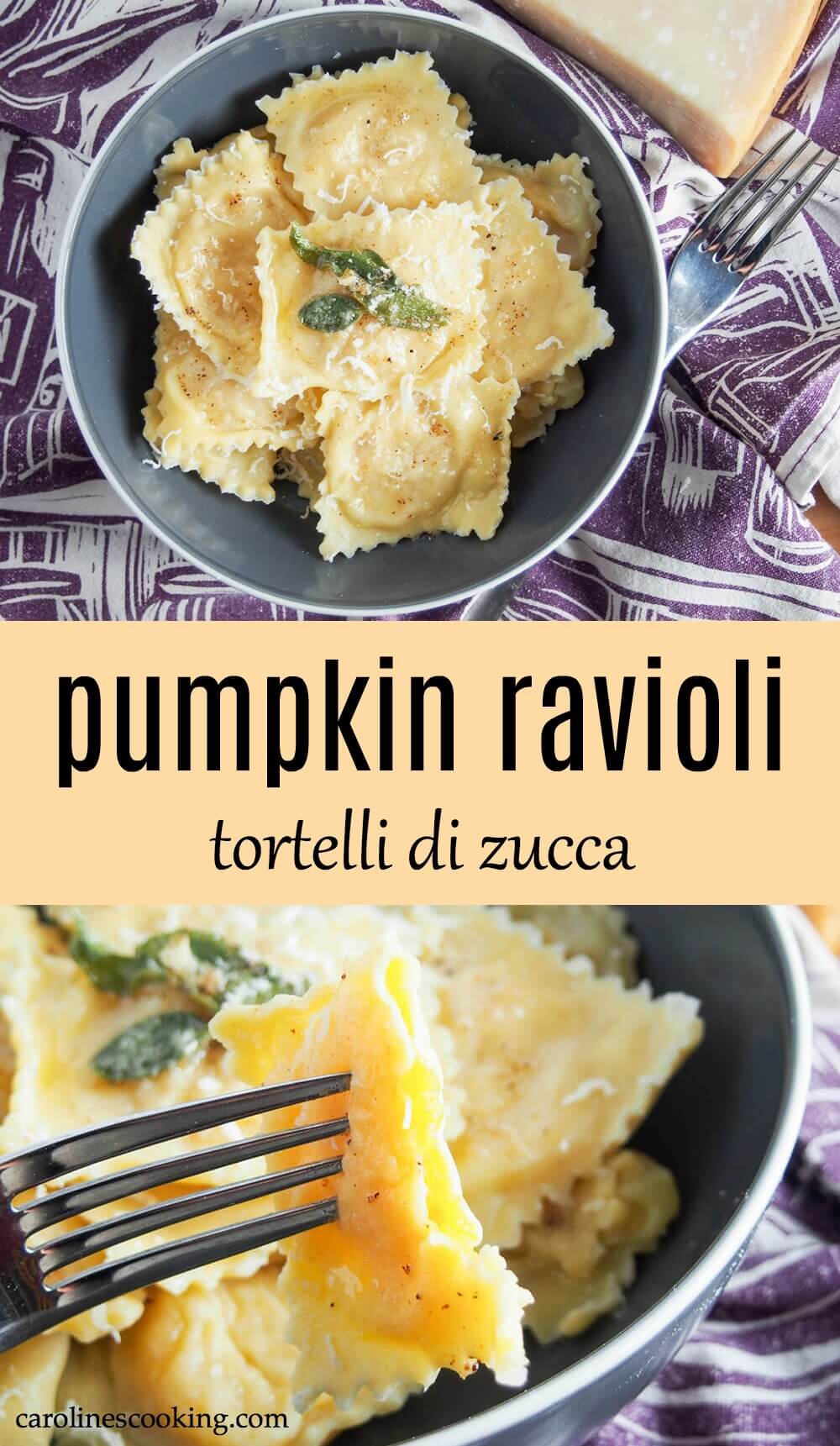 Pumpkin ravioli may take a little time to make, but they are so worth the effort! Comforting little pillows of deliciousness, they're addictively good. This recipe makes everything from scratch - a traditional egg pasta dough, roast pumpkin and parmesan filling and takes you step by step on how to put it all together. Also learn about the different kinds of pumpkin ravioli, tortelli di zucca, as found in Italy. #pumpkin #ravioli #homemadepasta #pumpkinravioli #vegetarian