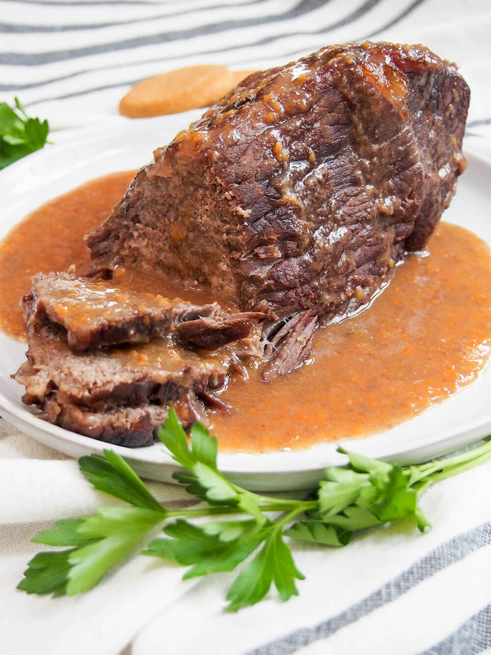 sauerbraten German pot roast on serving plate