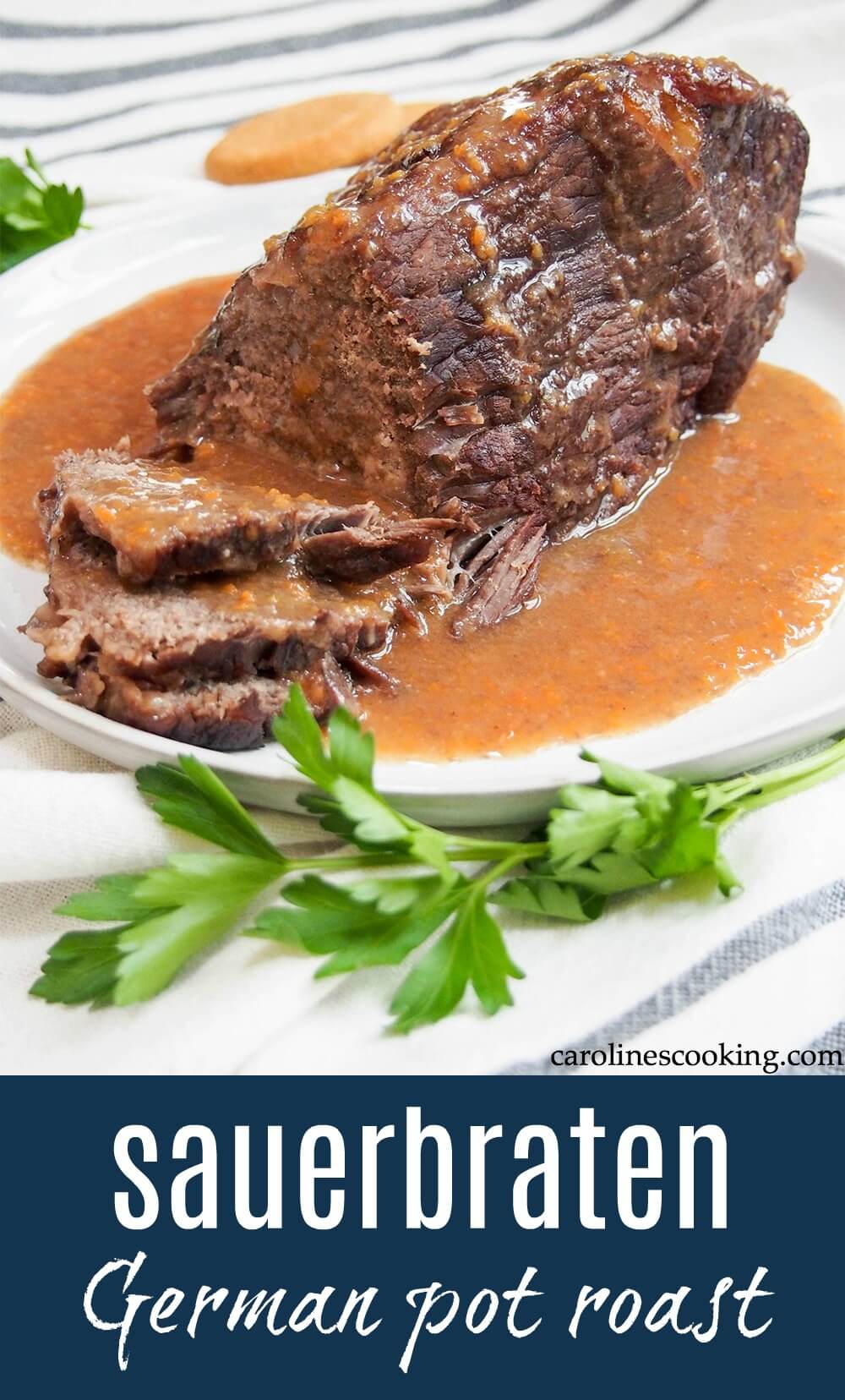 Sauerbraten is far from your typical pot roast, though it's might be described as one. This traditional German dish takes a bit more prep, but there's such depth of flavor from the spiced wine and vinegar-based marinade and the final touch adds a special little something! Comforting deliciousness. #germanfood #potroast #sauerbraten #oktoberfest