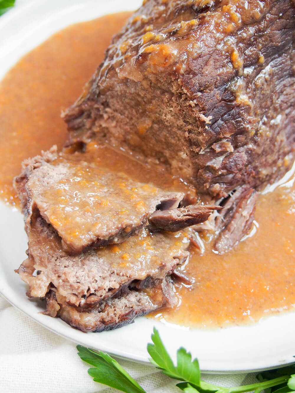 closer view of sauerbraten German pot roast slices