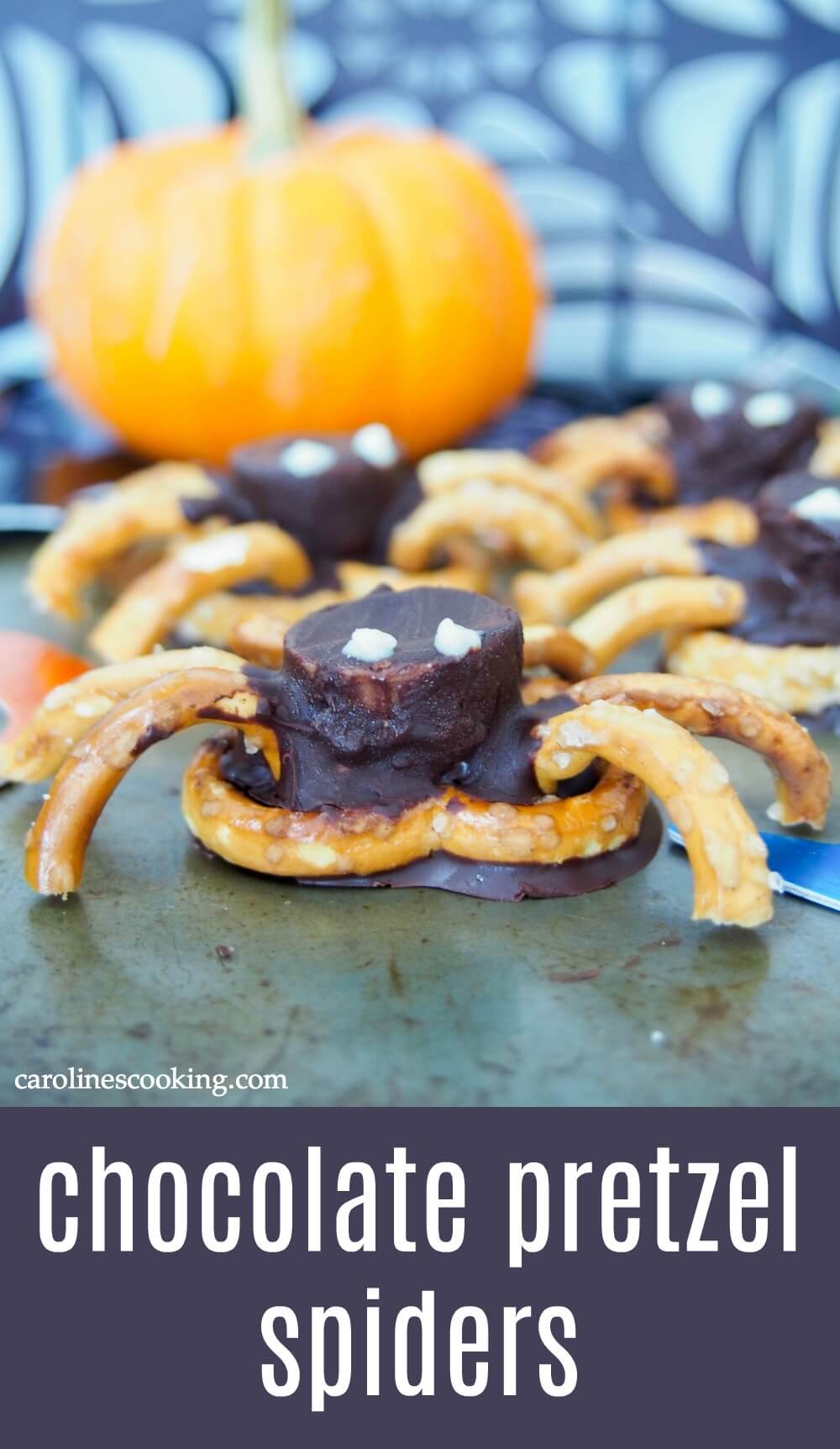 These chocolate pretzel spiders are the perfect fun snack for your next Halloween party! Easy enough for the kids to help make and a tasty sweet-salty mix. #halloween #pretzelspider #halloweensnack