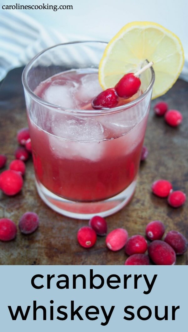 This cranberry whiskey sour is an easy and delicious twist on a classic cocktail. It's slightly festive and quick to prepare, making it perfect whether you're serving one or a crowd. #whiskeysour #cocktail #holidaycocktail