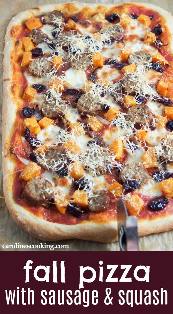 I called this a fall pizza because of the squash, cranberries and comfort factor, but really it's so tasty I could eat it any time. A delicious combination of flavors, it's definitely one to add to your pizza night menu. #fallpizza #sausageandsquashpizza